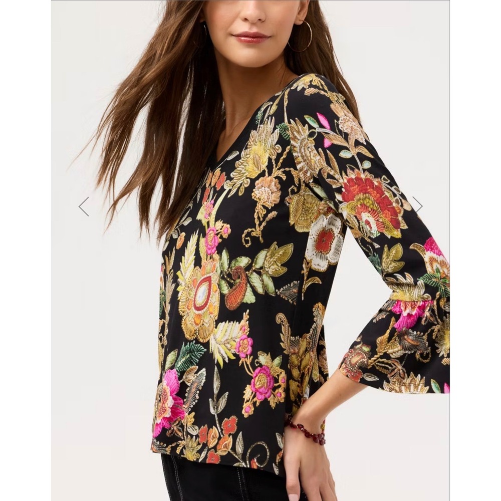JOHNNY WAS The Janie Favorite V-neck Flute Sleeve Tee NEW Small Floral Tropical